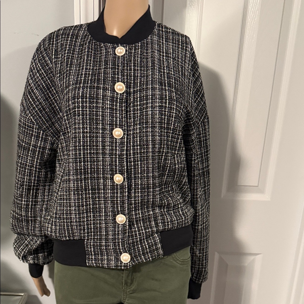 Meraki Black and White Checkered Bomber Jacket